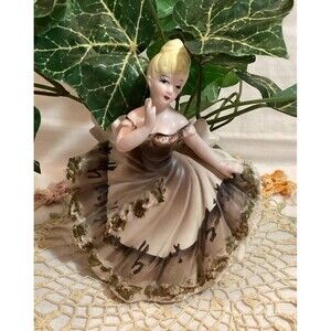 LEFTON Planter Figurine Blonde Dancing Girl Green Victorian Dress Delicate